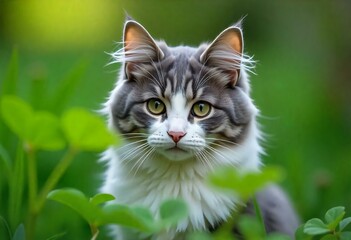 A Fluffy Gray and White Cat with Heterochromia Staring Curiously at the Camera Behind Lush Green Leaves in a Sunlit Garden