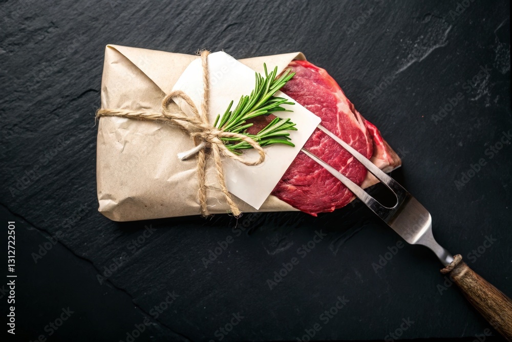 Poster A neatly wrapped piece of red meat tied with a string and decorated with a sprig of rosemary.