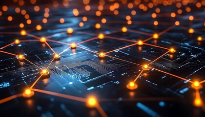 Abstract Network Connection Glowing Orange and Blue Nodes on Dark Background