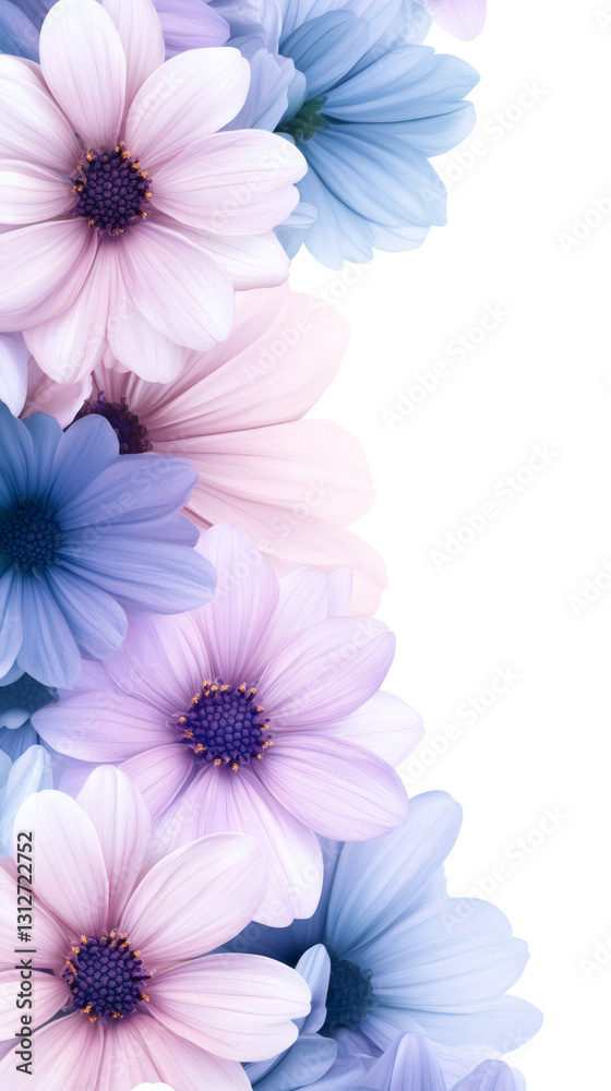 Poster soft pastel colored flowers arranged in a vertical border on a clean white background, creating a de