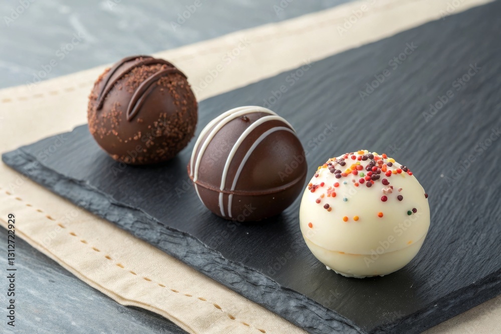 Poster three spherical chocolate truffles are elegantly arranged on a dark slate platter.
