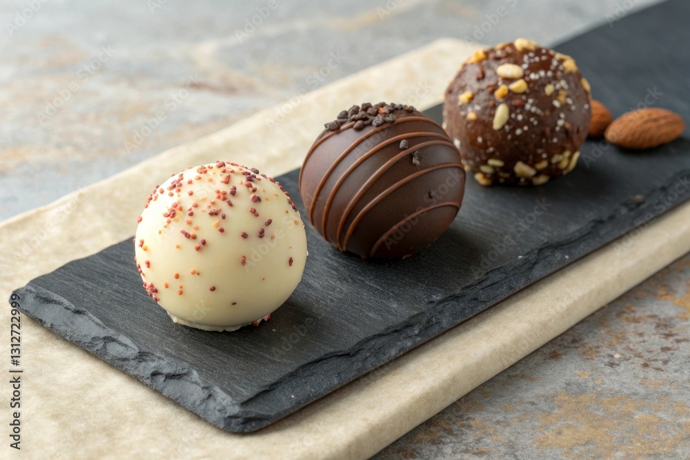 Poster a gourmet arrangement of three different chocolate truffles displayed on a slate serving board.