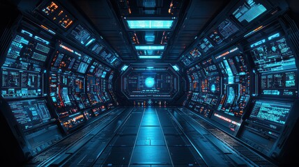 Futuristic spaceship corridor with digital displays