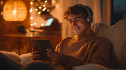 Teenage boy enjoying digital content in a cozy home environment