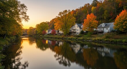 Fototapeta premium Autumn Riverfront Homes - Picturesque autumn scene of houses along a calm river, surrounded by vibrant fall foliage. Golden hour lighting