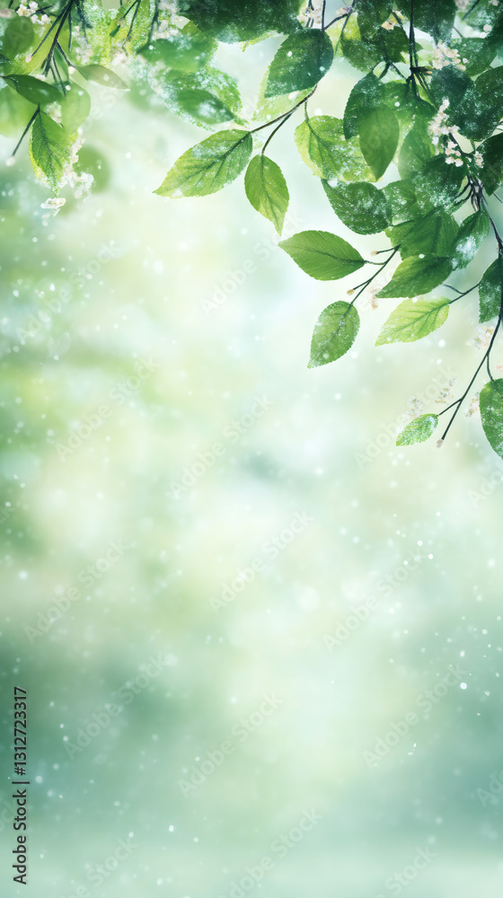 Poster verdant green foliage gleaming with soft bokeh, capturing springtime's delicate luminosity and natur