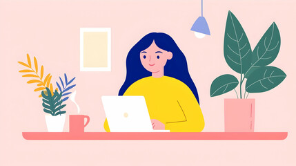 Obraz premium Young Woman Working on Laptop in Cozy Home Office Environment