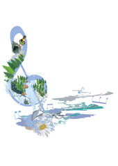 Abstract nature treble clef decorated with summer forest and a waterfall, notes, birds. Light and relax music. Hand drawn vector illustration.