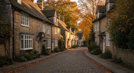 Autumnal Street Scene in a Quaint Village - Charming stone houses line a cobblestone street, bathed in the warm glow of autumn sunlight. Fallen leaves add to the picturesque scene