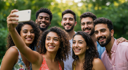 Fototapeta premium A group of diverse friends enjoys a sunny afternoon in a park while taking a cheerful selfie together, capturing the fun and camaraderie of their gathering