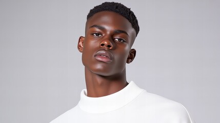 Obraz premium Portrait of a young Black man with a serious expression, wearing a white mock neck sweater against a light gray background.