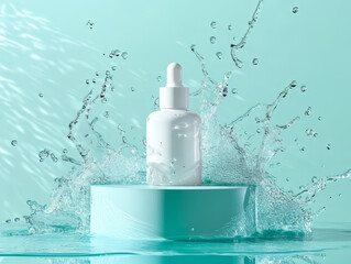 White cosmetic moisturizing serum bottle standing on blue podium. Water splashes are flying around the podium. Bold blue and green background. Minimalistic photo style. Cosmetic product mockup scene.