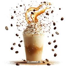 An Iced Latte with Whipped Cream Spiraling Upward Isolated on Transparent Background