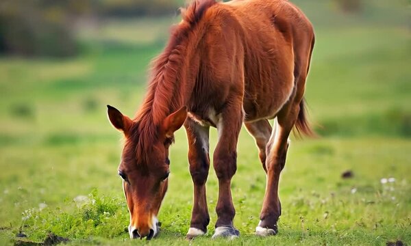 Baby horse urinating on green field