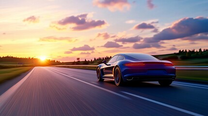 Fototapeta premium A blue sports car speeds down a scenic highway at sunset