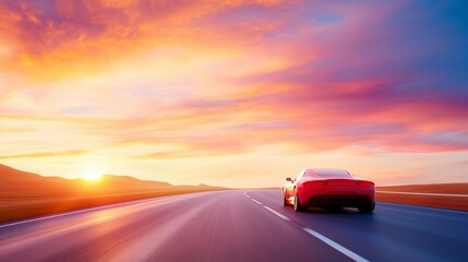 A red car travels down an empty road at sunset time