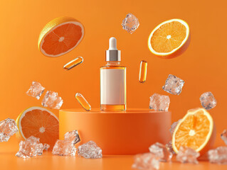 Vitamin C facial cosmetic serum transparent bottle. Cosmetic product mockup scene.