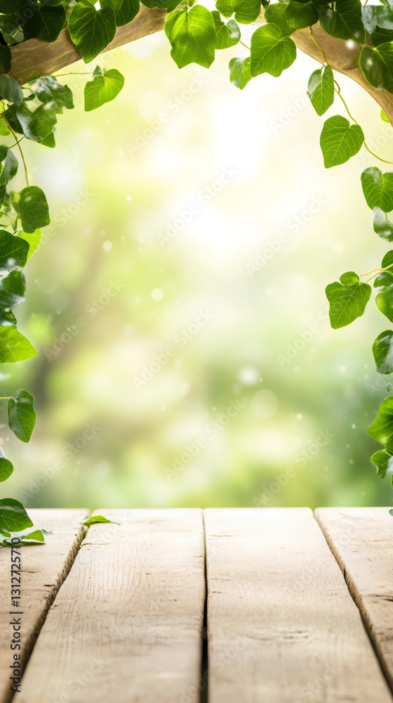 Poster Wooden table with green ivy leaves and blurred bokeh background creating relaxing and tranquil atmosphere