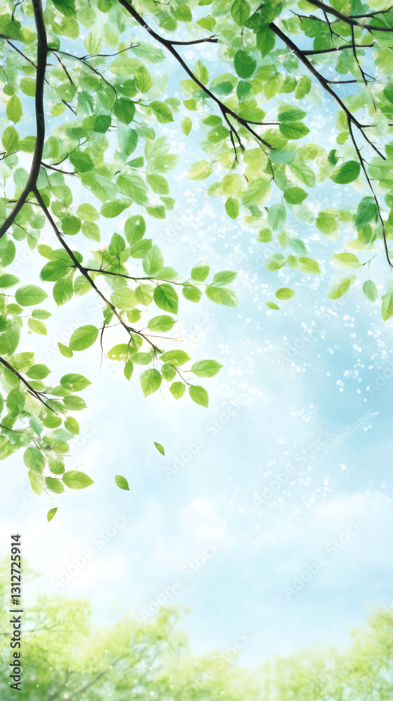 Poster fresh green leaves falling from tree branches against a bright blue sky, creating a serene and refre