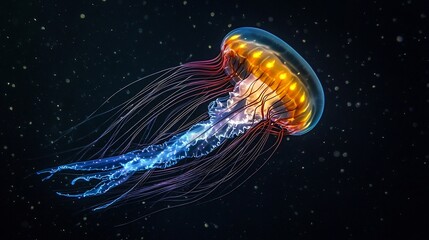 Glowing comb jelly drifting through the pitch black depths of the ocean its bioluminescent colors pulsating like an alien spaceship