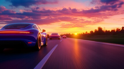 Fototapeta premium A convoy of fast cars are traveling down an open highway