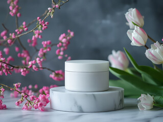 White cosmetic cream jar standing on white marble oval podium. Spring cosmetic product mockup scene.