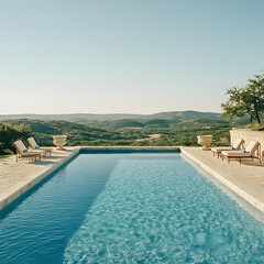Fototapeta premium Serene Poolside Retreat with Scenic Hills and Clear Blue Sky
