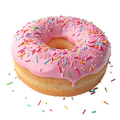 baked donut with pink frosting and colorful sprinkles isolated on transparent background