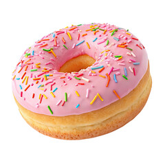 baked donut with pink frosting and colorful sprinkles isolated on transparent background