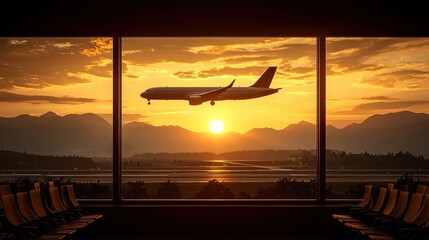 Airplane landing at sunset seen from airport terminal