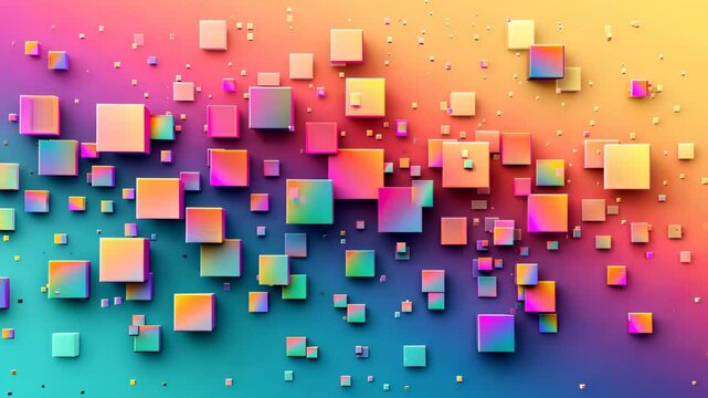 Random boxes forming a rectangle with rainbow gradient colours, random square sizes from large to small, colourful gradient,