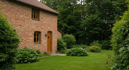 Fototapeta premium Charming Brick Cottage in Green Garden - Quaint brick cottage nestled in a lush green garden, offering a peaceful and idyllic setting
