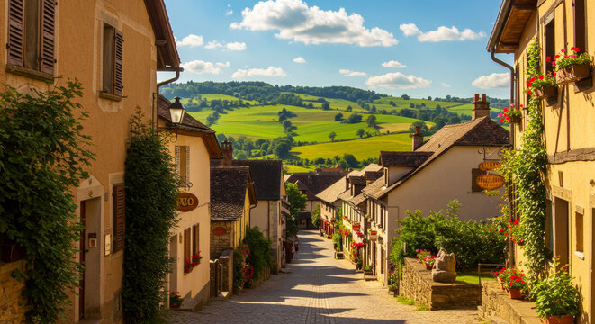 Charming Village Street in Rolling Hills - Picturesque village street scene with charming houses, lush greenery, and rolling hills in the background. A sunny day in a idyllic location