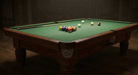Classic Billiards Table Scene - A dimly lit billiard room features a classic wooden pool table with balls and cue stick, ready for a game