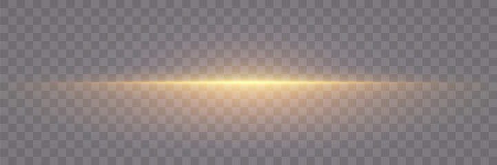 Golden neon lines. And a flash of dust, and glare, and light. Laser horizontal beams of light. On a transparent light background.