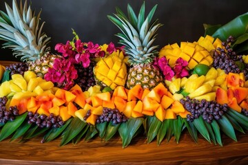 Fototapeta premium Colorful tropical fruit display with pineapple, mango, and papaya on a wooden table, perfect for celebrations or festive gatherings. Generative AI