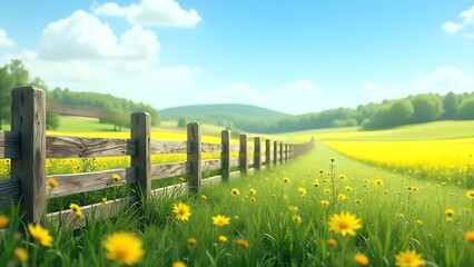 Obraz premium wooden fence with yellow flowers, green field, blue sky