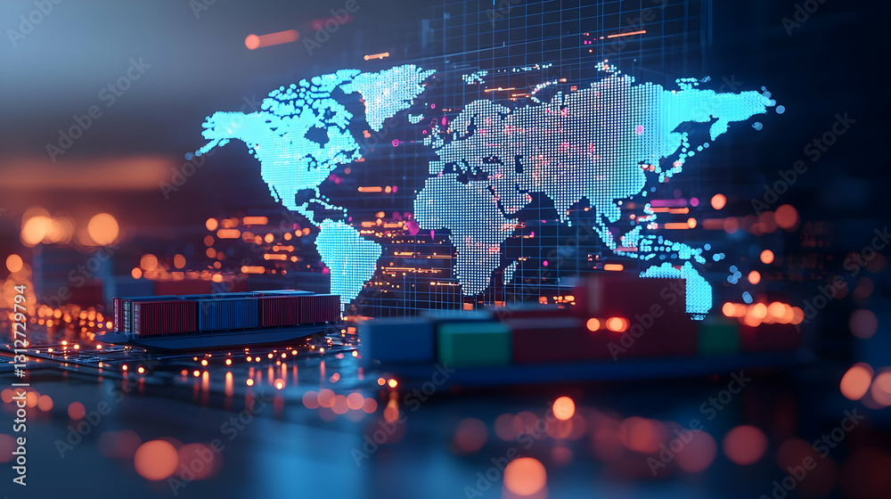 Poster digital world map with data visualization in a technology environment