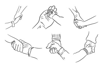 Child and parent hands hold each other hand drawn line sketch collection vector icon illustration