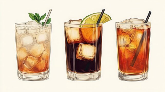 A set of fizzy drinks in highball glasses, featuring Cuba Libre, Long Island Iced Tea, and cola cocktails. 