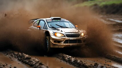 Rally car drifting through dirt and kicking up dust during an extreme motorsport race
