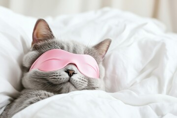 World Sleep Day March 14 grey british cat wearing a pink silk sleep mask sleeping in a cosy bed with white linen