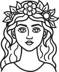 woman with floral crown line art, black outline, vector and illustration, coloring book page line art drawing