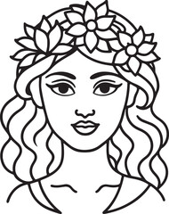 woman with floral crown line art, black outline, vector and illustration, coloring book page line art drawing