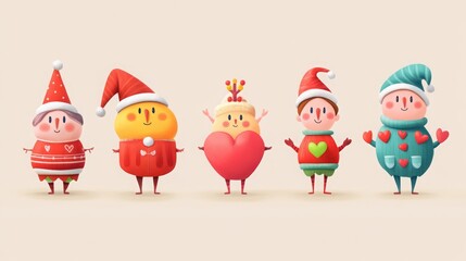 Fototapeta premium Christmas and New Year cartoon characters in retro groovy style, featuring hearts in fun outfits.