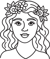 woman with floral crown line art, black outline, vector and illustration, coloring book page line art drawing