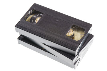 A stack of vintage VHS tapes isolated on white background