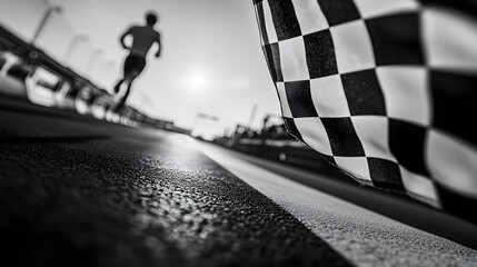 Runner Approaching Finish Line with Checkered Flag in Black and White