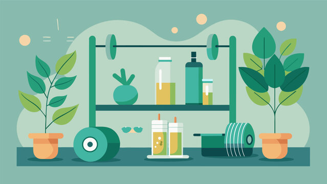 The home gym is transformed into a rejuvenating space with the use of refreshing scents such as eucalyptus and spearmint promoting focus and energy during workouts.. Vector illustration