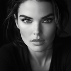 Fototapeta premium Black and white portrait of a woman with deep eyes and soft lighting, highlighting natural beauty and elegance in a timeless aesthetic.